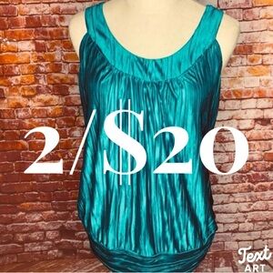 Iz beyer Teal Sleeveless Pleated Shimmer Cutout Back Bubble Blouse
